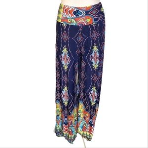 WINWIN | Women's navy-blue multi-pattern elastic waist palazzo pants.